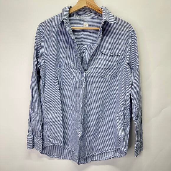 Gap Boyfriend Popover Blue and White Stipe Blouse V Neck Womens Size Medium - Picture 1 of 12